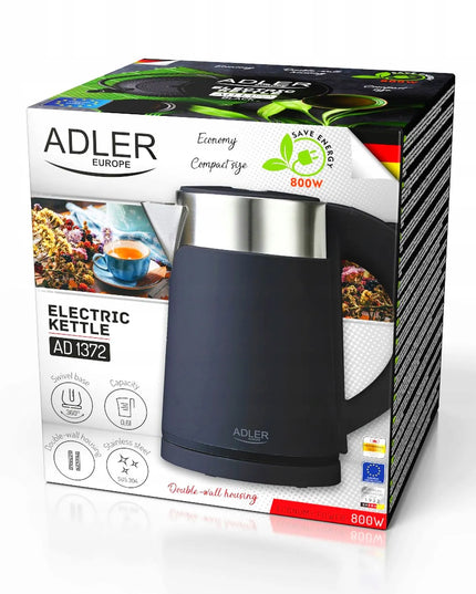 Mažas elektrinis kelioninis virdulys Adler 800W 0,6L, metalinis, juodas
