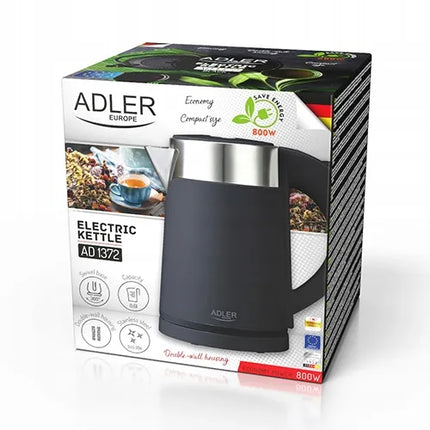 Mažas elektrinis kelioninis virdulys Adler 800W 0,6L, metalinis, juodas