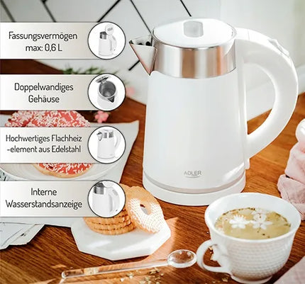 Mažas kelioninis elektrinis virdulys Adler 800W 0,6L metalinis baltas