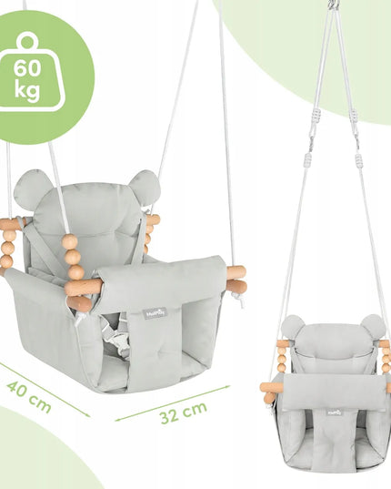 Medvilninės vaikiškos kėdutės tipo sūpuoklės su pagalvėlėmis ir saugos diržais 12-36 mėn. 60 kg