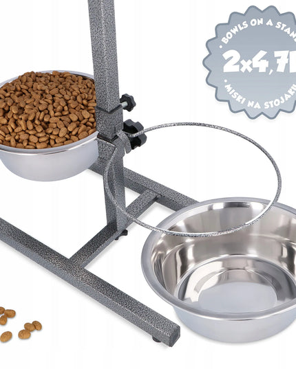 Metalinės dubenėlių šuns dubenėlių rinkinys ant reguliuojamo stovo 2x4,7 l