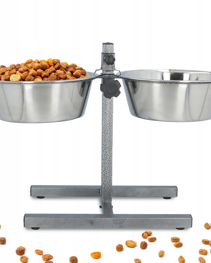 Metalinės dubenėlių šuns dubenėlių rinkinys ant reguliuojamo stovo 2x4,7 l