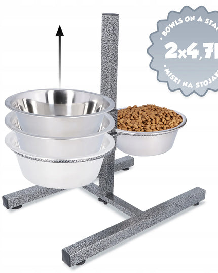 Metalinės dubenėlių šuns dubenėlių rinkinys ant reguliuojamo stovo 2x4,7 l