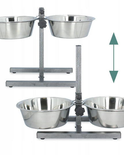 Metalinės dubenėlių šuns dubenėlių rinkinys ant reguliuojamo stovo 2x4,7 l