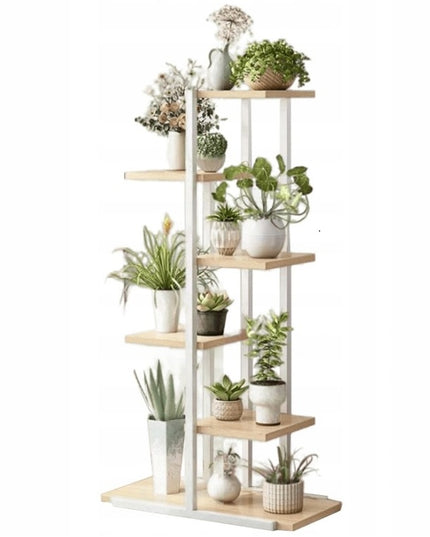 Baltas metalinis gėlių stovas su medinėmis lentynomis, 6 lentynos, 113 cm