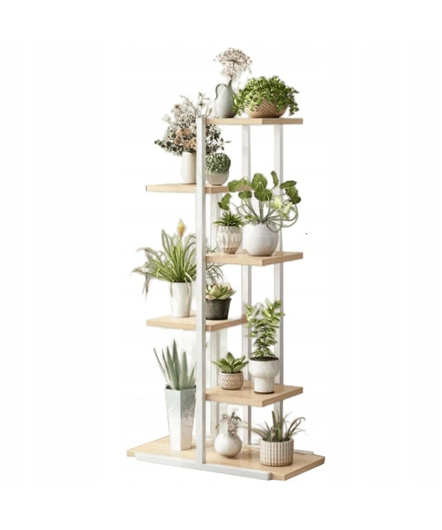 Baltas metalinis gėlių stovas su medinėmis lentynomis, 6 lentynos, 113 cm