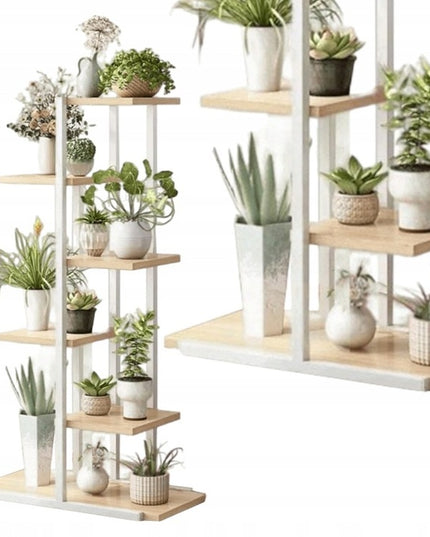 Baltas metalinis gėlių stovas su medinėmis lentynomis, 6 lentynos, 113 cm