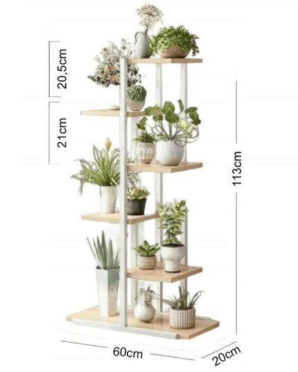 Baltas metalinis gėlių stovas su medinėmis lentynomis, 6 lentynos, 113 cm