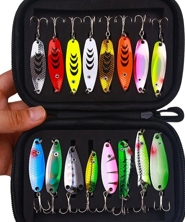 16 vnt. metalinių blizgių masalų rinkinys žvejybai – universalūs netikri masalai ešerių, upėtakių ir kitų plėšrių žuvų žvejybai