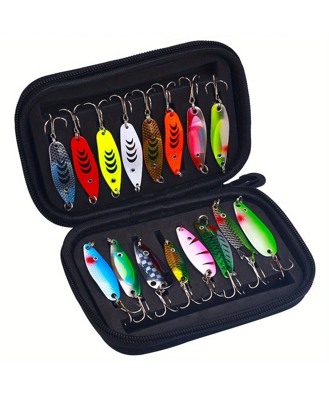 16 vnt. metalinių blizgių masalų rinkinys žvejybai – universalūs netikri masalai ešerių, upėtakių ir kitų plėšrių žuvų žvejybai