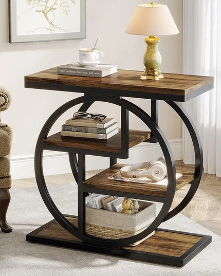 Miegamojo šoninis staliukas BYBLIGHT – siauras pramoninio stiliaus naktinis staliukas su 4 lentynomis, kaimiško dizaino medinis staliukas su metaliniu rėmu 65x65x30 cm