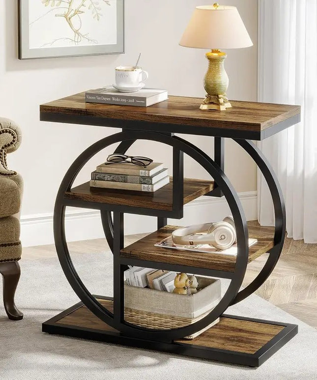 Miegamojo šoninis staliukas BYBLIGHT – siauras pramoninio stiliaus naktinis staliukas su 4 lentynomis, kaimiško dizaino medinis staliukas su metaliniu rėmu 65x65x30 cm