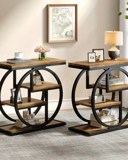 Miegamojo šoninis staliukas BYBLIGHT – siauras pramoninio stiliaus naktinis staliukas su 4 lentynomis, kaimiško dizaino medinis staliukas su metaliniu rėmu 65x65x30 cm