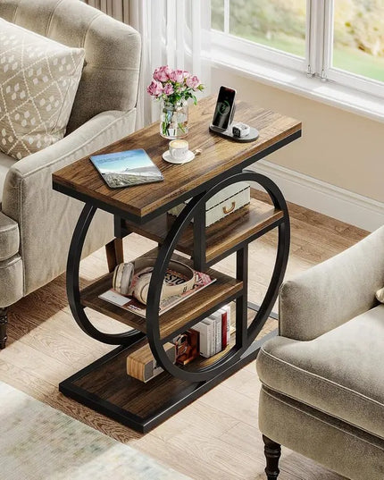 Miegamojo šoninis staliukas BYBLIGHT – siauras pramoninio stiliaus naktinis staliukas su 4 lentynomis, kaimiško dizaino medinis staliukas su metaliniu rėmu 65x65x30 cm