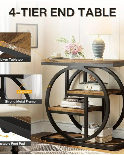 Miegamojo šoninis staliukas BYBLIGHT – siauras pramoninio stiliaus naktinis staliukas su 4 lentynomis, kaimiško dizaino medinis staliukas su metaliniu rėmu 65x65x30 cm