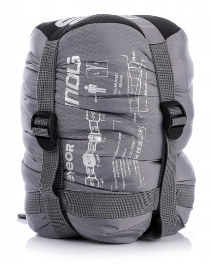 Miegmaišis Meteor INDUS R mumijos tipo 200x80 cm su kompresiniu dėklu pilkas-juodas vasarai ir žygiams