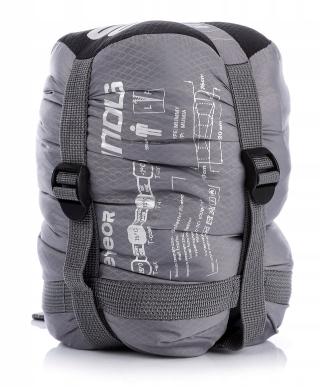 Miegmaišis Meteor INDUS R mumijos tipo 200x80 cm su kompresiniu dėklu pilkas-juodas vasarai ir žygiams