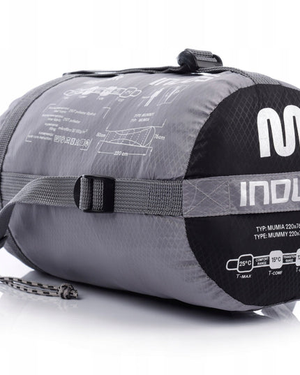 Miegmaišis Meteor INDUS R mumijos tipo 200x80 cm su kompresiniu dėklu pilkas-juodas vasarai ir žygiams
