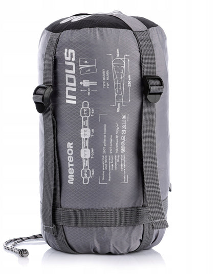 Miegmaišis Meteor INDUS R mumijos tipo 200x80 cm su kompresiniu dėklu pilkas-juodas vasarai ir žygiams