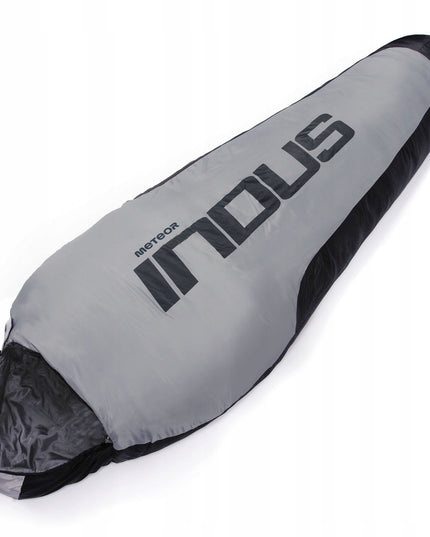 Miegmaišis Meteor INDUS R mumijos tipo 200x80 cm su kompresiniu dėklu pilkas-juodas vasarai ir žygiams