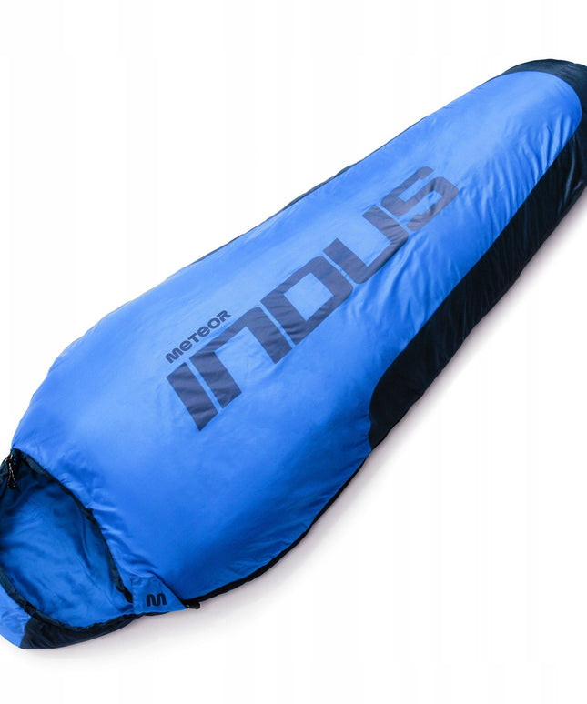 Miegmaišis Meteor Indus R mumijos tipo 220x80/50 cm dviejų sezonų lengvas turistinis miegmaišis mėlynos spalvos