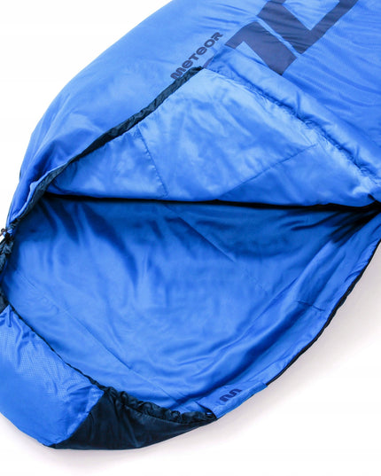Miegmaišis Meteor Indus R mumijos tipo 220x80/50 cm dviejų sezonų lengvas turistinis miegmaišis mėlynos spalvos