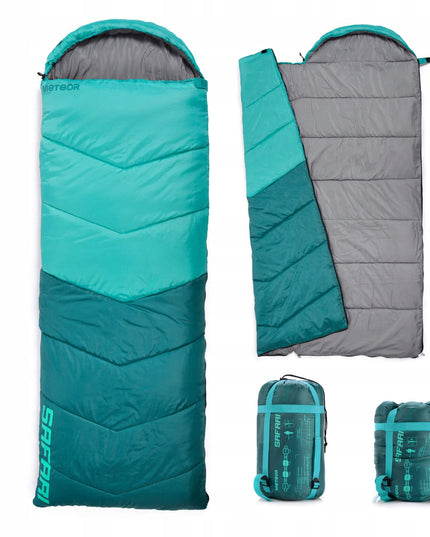 Miegmaišis Meteor Safari su gobtuvu ir pagalvėle 220x80 cm kairinis trijų sezonų turistinis miegmaišis mėtinės spalvos
