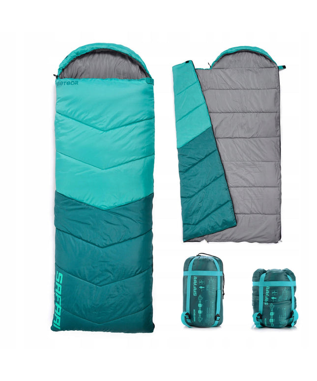 Miegmaišis Meteor Safari su gobtuvu ir pagalvėle 220x80 cm kairinis trijų sezonų turistinis miegmaišis mėtinės spalvos