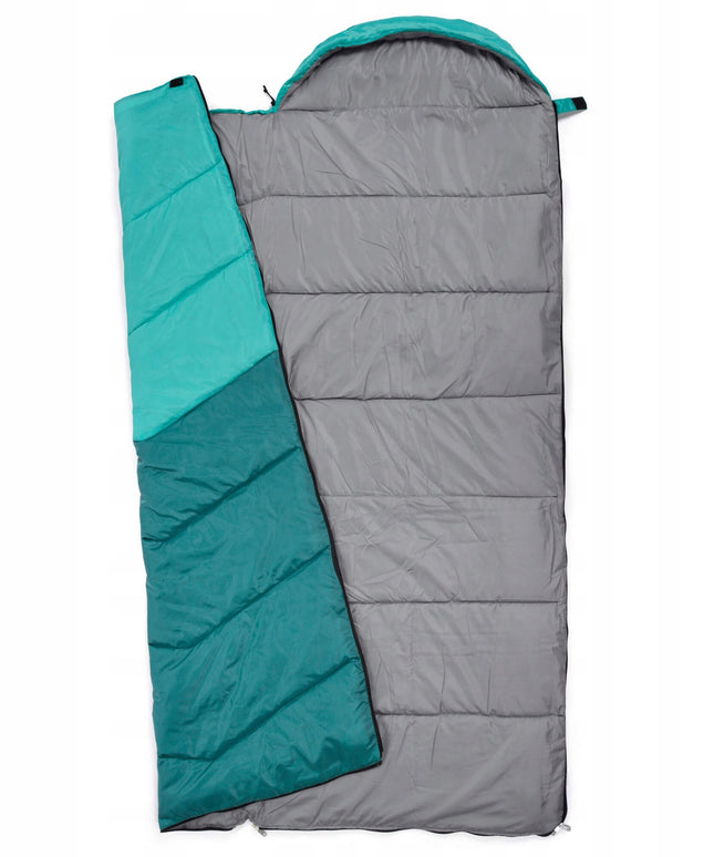 Miegmaišis Meteor Safari su gobtuvu ir pagalvėle 220x80 cm kairinis trijų sezonų turistinis miegmaišis mėtinės spalvos