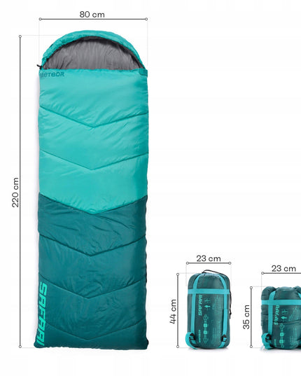 Miegmaišis Meteor Safari su gobtuvu ir pagalvėle 220x80 cm kairinis trijų sezonų turistinis miegmaišis mėtinės spalvos