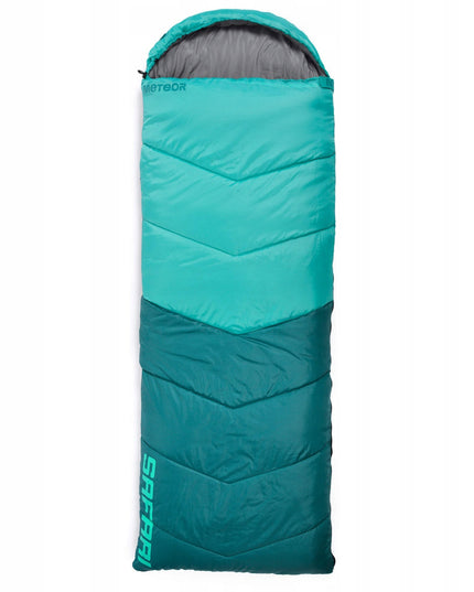 Miegmaišis Meteor Safari su gobtuvu ir pagalvėle 220x80 cm kairinis trijų sezonų turistinis miegmaišis mėtinės spalvos