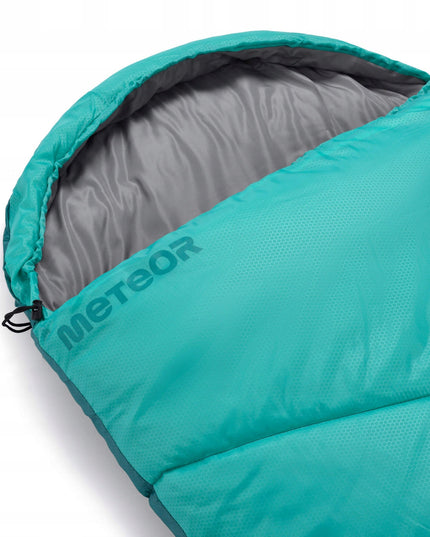 Miegmaišis Meteor Safari su gobtuvu ir pagalvėle 220x80 cm kairinis trijų sezonų turistinis miegmaišis mėtinės spalvos