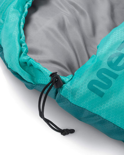 Miegmaišis Meteor Safari su gobtuvu ir pagalvėle 220x80 cm kairinis trijų sezonų turistinis miegmaišis mėtinės spalvos