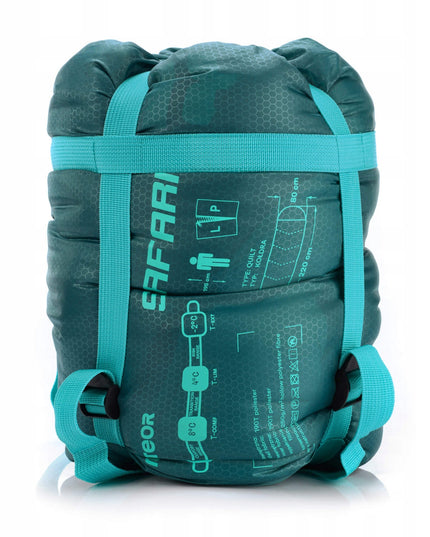 Miegmaišis Meteor Safari su gobtuvu ir pagalvėle 220x80 cm kairinis trijų sezonų turistinis miegmaišis mėtinės spalvos