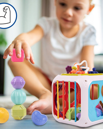 MONTESSORI kaladėlių rūšiuoklė su guminėmis juostelėmis 7 viename daugiafunkcis lavinamasis sensorinis kubas
