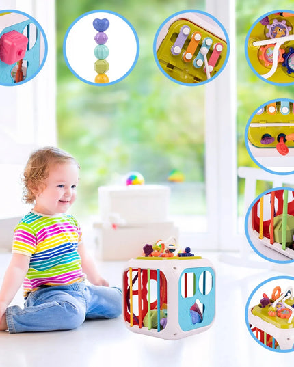MONTESSORI kaladėlių rūšiuoklė su guminėmis juostelėmis 7 viename daugiafunkcis lavinamasis sensorinis kubas