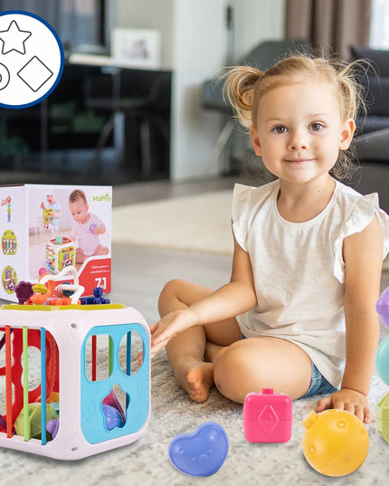 MONTESSORI kaladėlių rūšiuoklė su guminėmis juostelėmis 7 viename daugiafunkcis lavinamasis sensorinis kubas