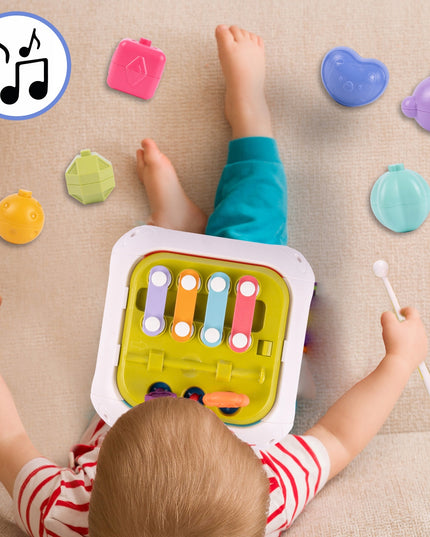 MONTESSORI kaladėlių rūšiuoklė su guminėmis juostelėmis 7 viename daugiafunkcis lavinamasis sensorinis kubas