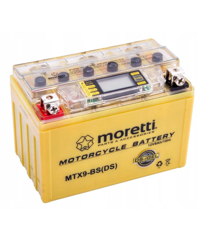 Moretti AGM MTX9-BS gelinis akumuliatorius su indikatoriumi motoroleriams ir motociklams