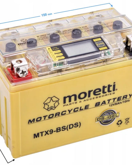 Moretti AGM MTX9-BS gelinis akumuliatorius su indikatoriumi motoroleriams ir motociklams