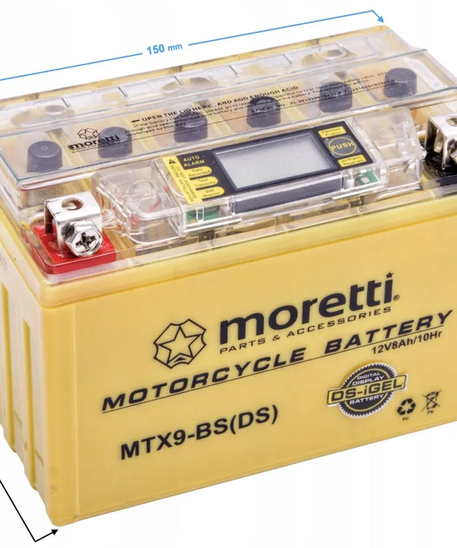 Moretti AGM MTX9-BS gelinis akumuliatorius su indikatoriumi motoroleriams ir motociklams