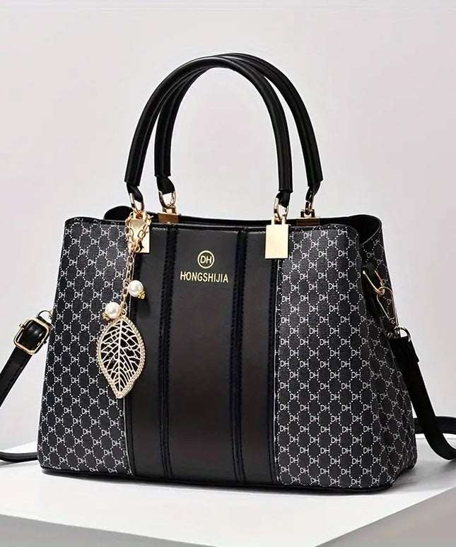 Moteriška rankinė didelės talpos iš dirbtinės odos – elegantiška vintage stiliaus peties rankinė su nuimamu dirželiu ir spauda, 29x12x20 cm