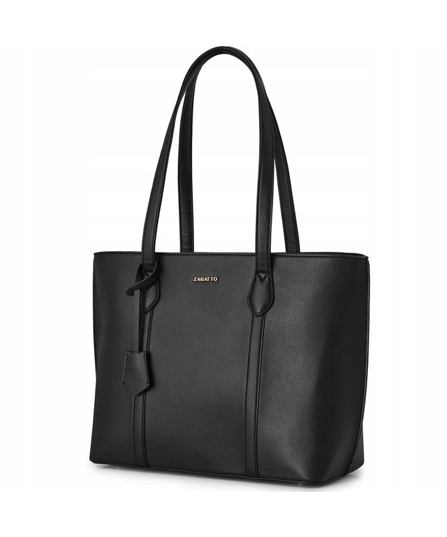 Moteriška juoda shopper tipo rankinė ZAGATTO – talpi dirbtinės odos peties rankinė darbui, mokyklai ir kasdienai, telpa A4 ir nešiojamas kompiuteris