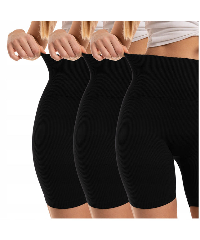 Moteriškos sportinės tamprės MORAJ 3 vnt – be siūlių, aukštu liemeniu, briaunuotos, patogios dviratininko tamprės sportui ir kasdienai