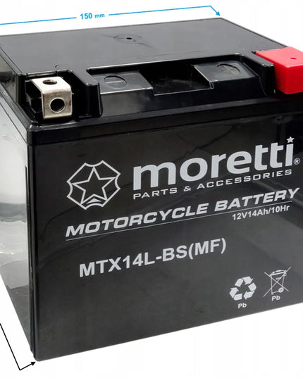 Motociklo akumuliatorius Moretti YTX14L-BS AGM 12V 12Ah + Įkroviklis