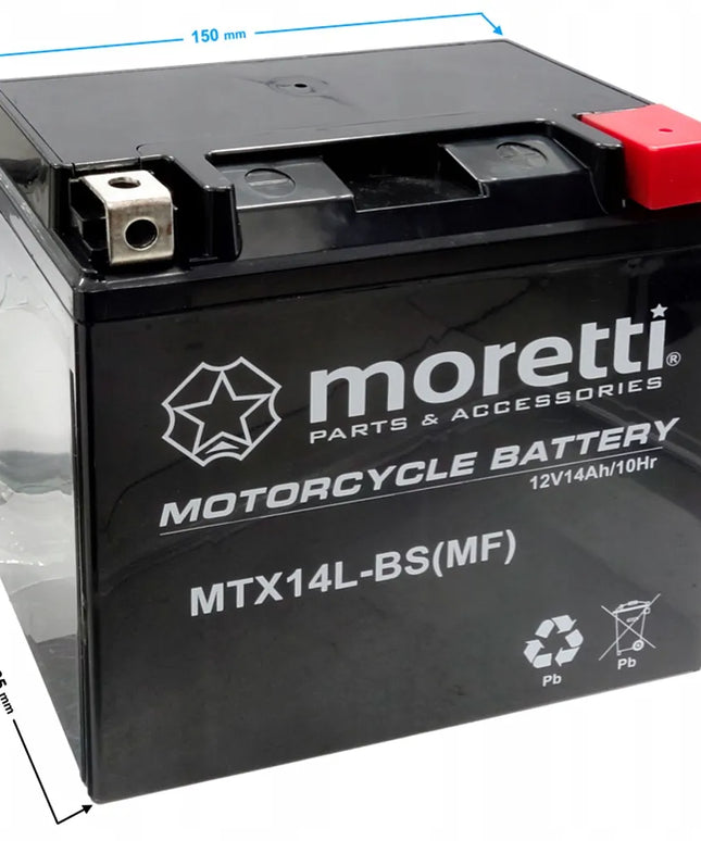 Motociklo akumuliatorius Moretti YTX14L-BS AGM 12V 12Ah + Įkroviklis