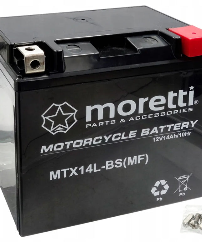 Motociklo akumuliatorius Moretti YTX14L-BS AGM 12V 12Ah + Įkroviklis