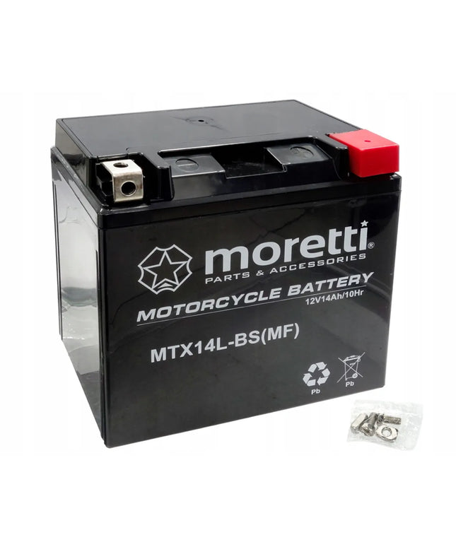 Motociklo akumuliatorius Moretti YTX14L-BS AGM 12V 12Ah + Įkroviklis