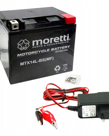 Motociklo akumuliatorius Moretti YTX14L-BS AGM 12V 12Ah + Įkroviklis