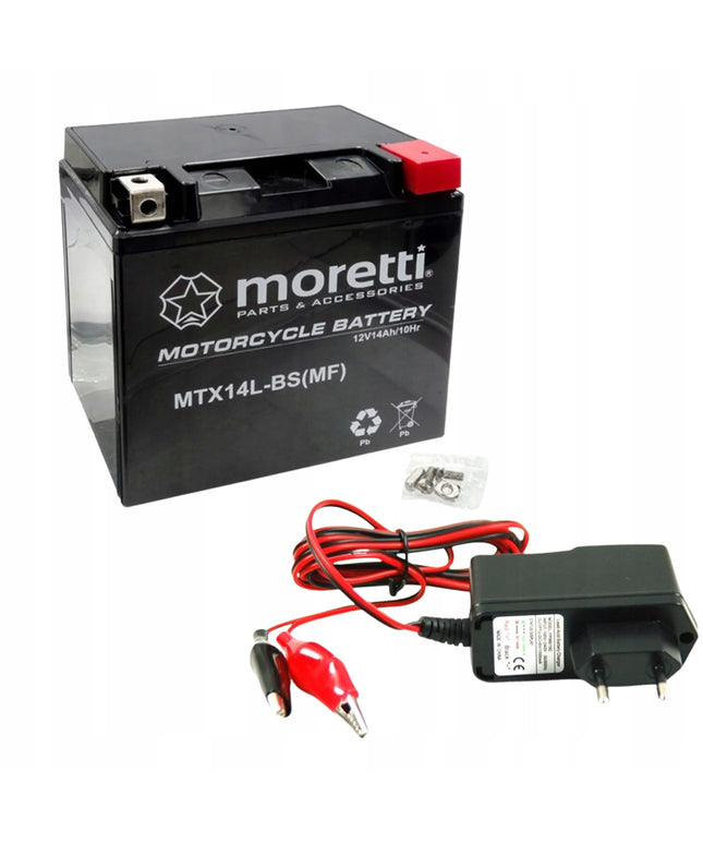 Motociklo akumuliatorius Moretti YTX14L-BS AGM 12V 12Ah + Įkroviklis